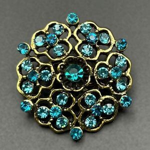 Yellow Gold with Blue Sapphire and Aquamarine Crystal Flower Pin Back Brooch